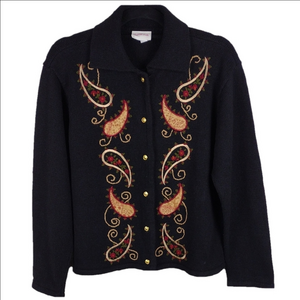 Crystal-Kobe Black Knit Paisley Embroidered  Long Sleeve Button Up Cardigan